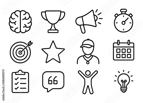 Sports Icons Collection. Outline icon set of Sports psychology and motivation: brain, trophy, megaphone,