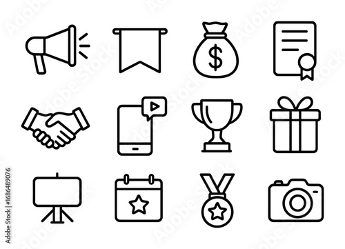Sports Marketing Icon Set. Outline icon set of Sports marketing and sponsorship: megaphone, banner, money bag,