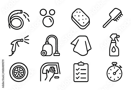 Car Wash Icon Set. Outline icon set of Car wash cleaning steps: hose, soap bubbles, sponge, brush, water spray