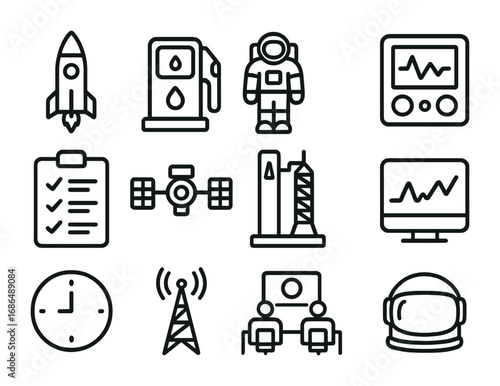 Space Mission Icons. Outline icon set of space mission preparations: rocket, fuel pump, astronaut suit,