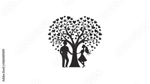 Couple beneath a tree adorned with heart-shaped leaves, symbolizing enduring love and connection.