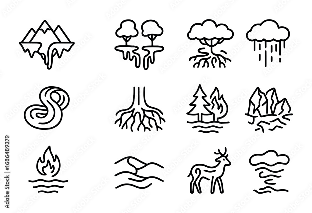 Fototapeta premium Surreal Climate Icons. Outline icon set of surreal climate landscapes: upside-down mountains, melting river,