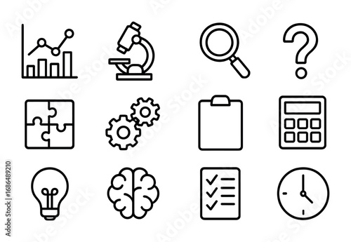 Analytical Icon Set. Outline icon set of analytical thinking: chart, microscope, magnifying glass, question