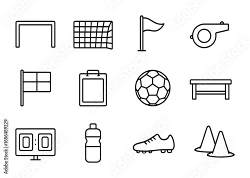 Soccer Equipment Icons. Outline icon set of soccer field equipment: goalpost, net, corner flag, referee