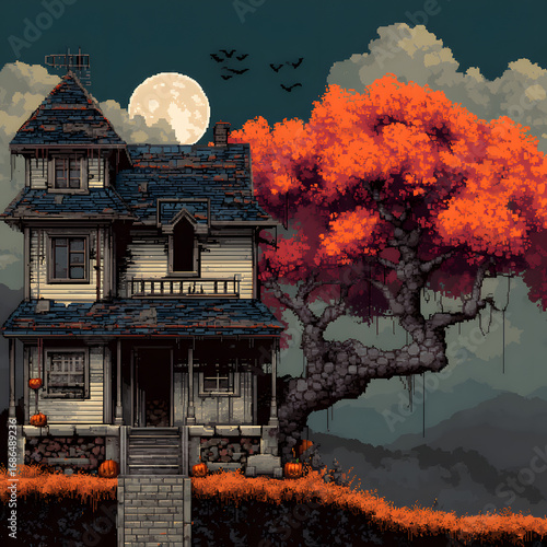 Pixel Art of Haunted House with Spooky Decorations Under a Full Moon at Night