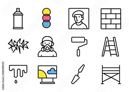 Street Art Icons. Outline icon set of vibrant street art murals: spray paint cans, bright colors, stencil art,