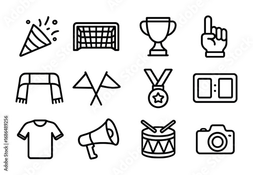 Soccer Celebration Icons. Outline icon set of soccer celebration items: confetti, goal net, trophy, foam