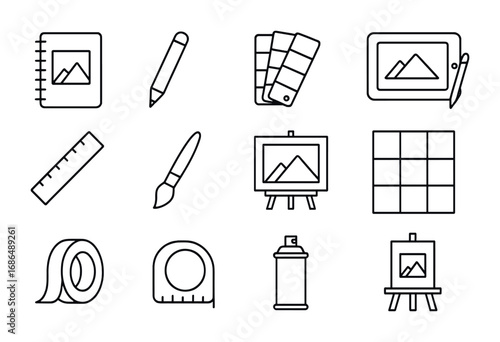 Mural Design Icons. Outline icon set of mural design process: sketchpad, pencil, color swatches, digital