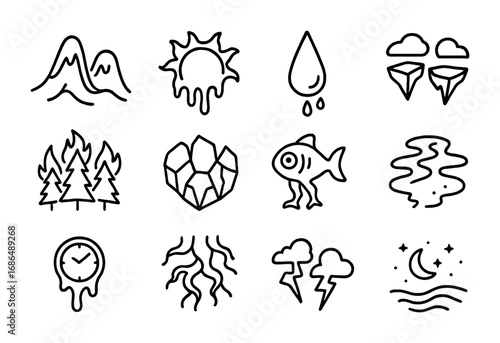 Surreal Climate Icons. Outline icon set of dreamlike climate change imagery: warped mountains, melting sun,