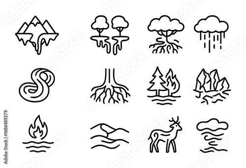 Surreal Climate Icons. Outline icon set of surreal climate landscapes: upside-down mountains, melting river,
