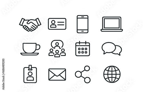 Professional Networking Icons. Outline icon set of professional networking: handshake, business card,
