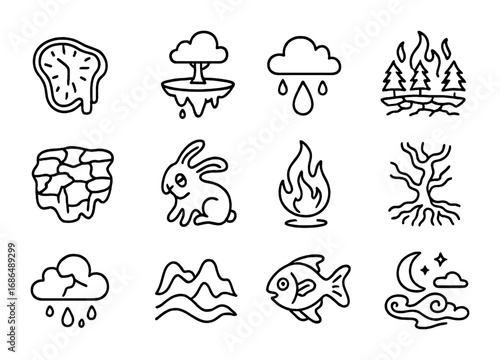Surreal Climate Icons. Outline icon set of surreal global warming imagery: melting clocks, floating islands,