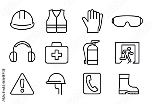 Site Safety Icon Set. Outline icon set of site office trailer safety gear: hard hat, safety vest, gloves,