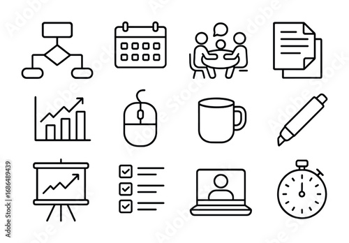 Project Planning Icons. Outline icon set of collaborative project planning: flowchart, calendar, team