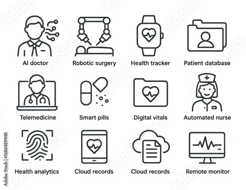 Digital Healthcare Icons. Outline icon set of digital healthcare automation: AI doctor, robotic surgery,