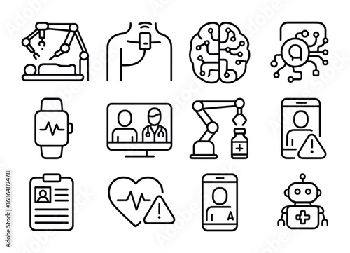 AI in Healthcare Icons. Outline icon set of AI in patient care: robotic surgery, smart sensors, AI brain,