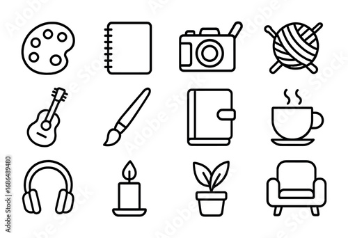 Creative Hobby Icons. Outline icon set of solo creative time: paint palette, notebook, camera, knitting yarn,