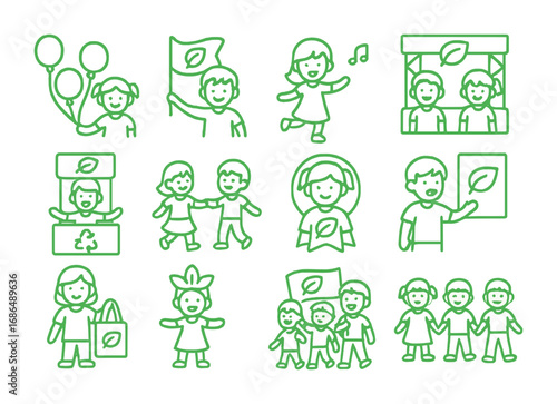 Eco Festival Icons. Outline icon set of children in green festivals: balloons, eco flag, music note, eco stage