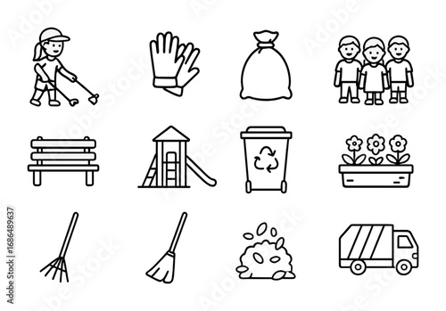 Community Cleanup Icons. Outline icon set of children in community clean-up: trash picker, gloves, trash bag,
