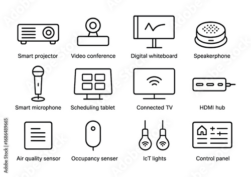 IoT Meeting Room Icons. Outline icon set of IoT meeting rooms: smart projector, video conference camera,