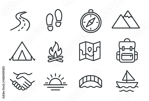 Friendship Journey Icons. Outline icon set of friendship journeys: path, footprints, compass, mountain, tent,