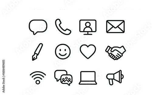 Communication Icons Grid. Outline icon set of friendship communication: chat bubble, phone, video call,