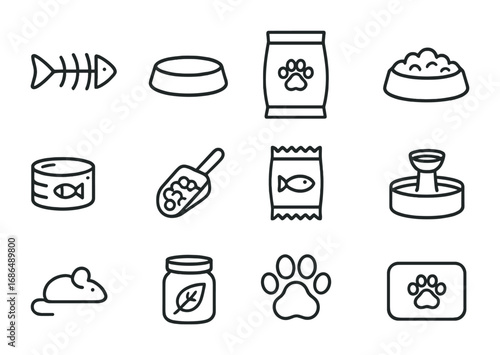Cat Feeding Icons. Outline icon set of feeding cats: fishbone, milk bowl, kibble bag, food dish, canned tuna,