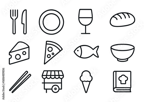 Food Travel Icons. Outline icon set of food travel guides: fork and knife, plate, wine glass, bread, cheese,