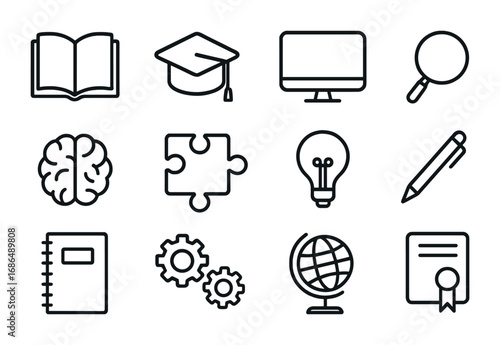 Lifelong Learning Icons. Outline icon set of lifelong learning: open book, graduation cap, computer,