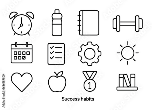 Success Habits Icons. Outline icon set of success habits: alarm clock, water bottle, notebook, dumbbell,