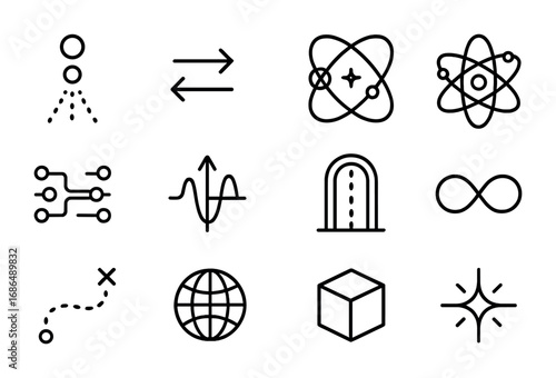 Quantum Teleportation Icons. Outline icon set of quantum teleportation: particle beam, teleportation arrows,