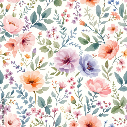 Wallpaper Mural Watercolor floral pattern hand-painted wildflowers and leaves with ribbon on background for wallpaper and fabric Torontodigital.ca