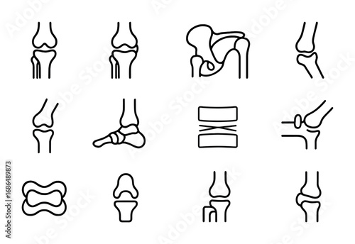 Skeletal Joints Icon Set. Outline icon set of skeletal joints poster: knee joint, hip joint, shoulder joint,