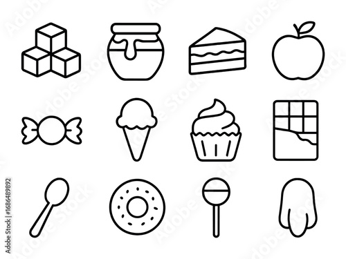 Sweetness Icon Set. Outline icon set of sweet taste perception: sugar cube, honey jar, cake slice, fruit,