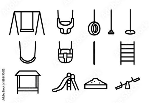 Playground Swing Icons. Outline icon set of playground swings: swing set frame, toddler swing, tire swing,
