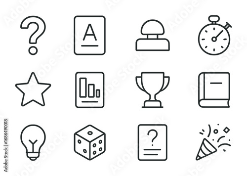 Trivia Game Icons. Outline icon set of trivia games: question mark, answer card, buzzer, timer, star,
