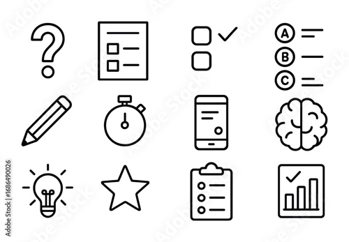 Online Quiz Icons. Outline icon set of online quizzes: question mark, answer sheet, tick box, multiple choice,