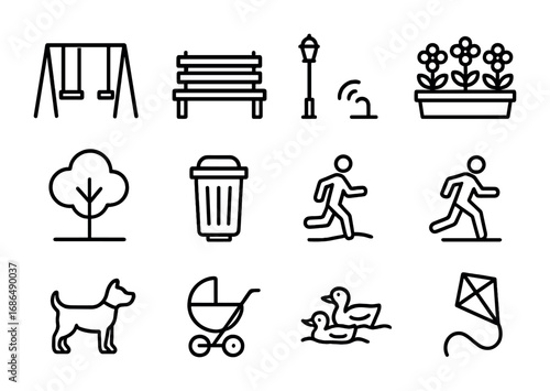 Park Icon Set. Outline icon set of park swings: swing set, bench, lamppost, flower bed, tree, trash bin, water