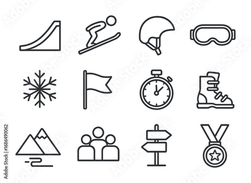Ski Jumping Icon Set. Outline icon set of ski jumping: jump ramp, skier, helmet, goggles, snowflake, flag,