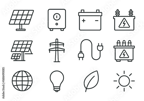 Solar Energy Icons. Outline icon set of solar energy systems: photovoltaic panel, inverter, battery, charge