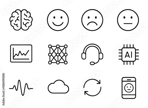 Emotion Tech Icons. Outline icon set of emotion recognition tech: brain, smiling face, sad face, neutral face,
