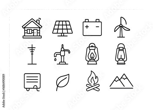 Off-Grid Solar Icons. Outline icon set of off-grid solar homes: cabin, solar panel, battery, satellite dish,