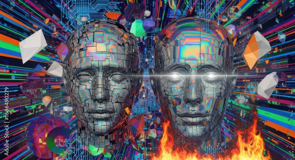 Fototapeta premium Futuristic Cybernetic Human Heads with Digital Circuitry and Neon Lights in Virtual Reality Style