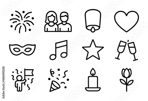 Romantic Festival Icons. Outline icon set of romantic festivals: fireworks, couple, lantern, heart, mask,