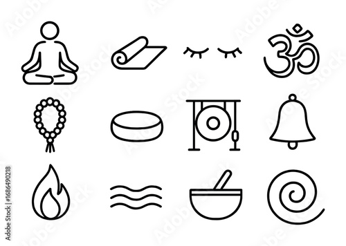 Meditation Techniques Icons. Outline icon set of meditation techniques: sitting person, yoga mat, closed eyes,