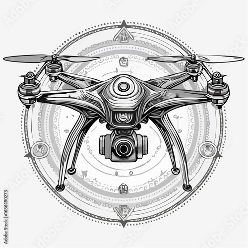 Detailed Illustration of a Drone with Intricate Geometric Background