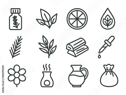 Essential Oils Icons. Outline icon set of essential oils: lavender bottle, eucalyptus leaf, citrus slice,