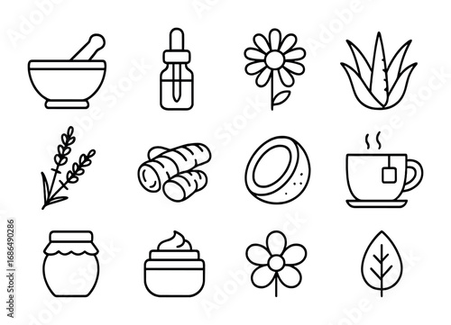 DIY Herbal Icons. Outline icon set of DIY herbal remedies: mortar and pestle, dropper bottle, chamomile, aloe
