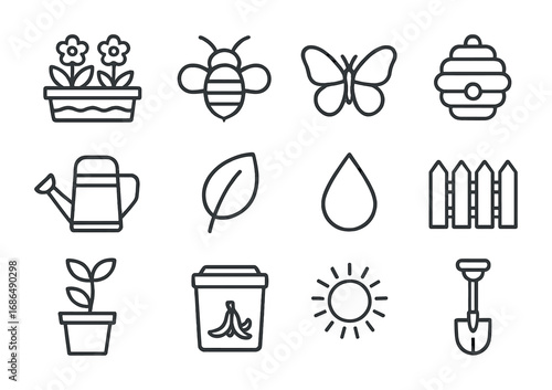 Garden Pollination Icons. Outline icon set of garden pollination: flower bed, bee, butterfly, hive, watering