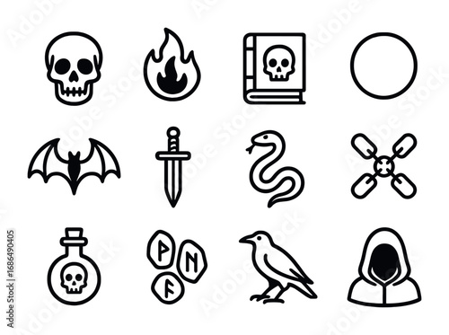 Dark Sorcery Icons. Outline icon set of dark sorcery: skull, shadow flame, cursed book, black orb, bat wings,